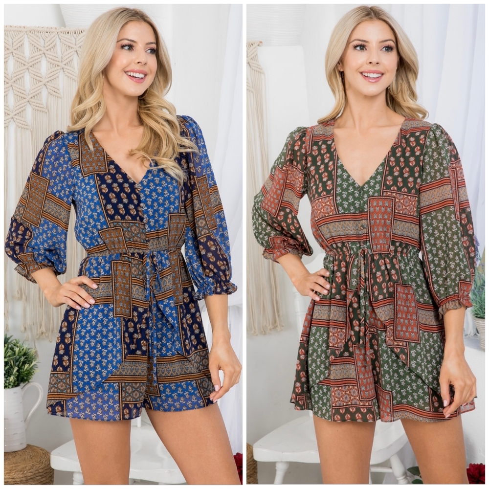 Few Left❗️FRENCH KISS Boho Chic Blue / Camel Paisley Romper - Picture 5 of 7